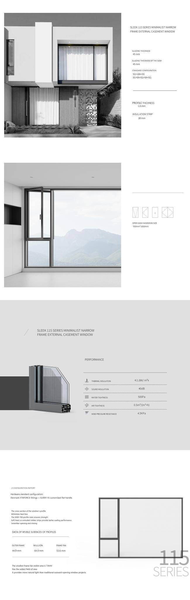 LEEK 115 Series luxury minimalist narrow frame casement window with screen