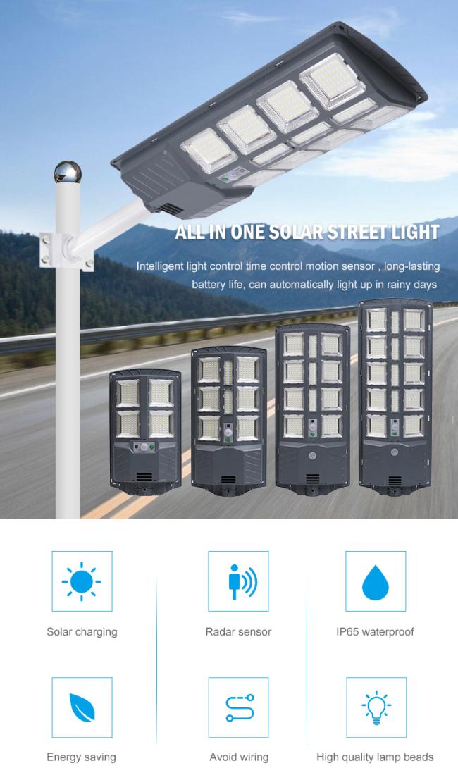 Garden Road Ip65 Outdoor Waterproof Solar Light ABS 100w 200w 300w 400w 500w Integrated All In One Led Solar Street Light