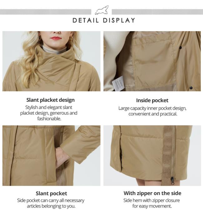 Close-up details of the down jacket showing pockets and zipper features
