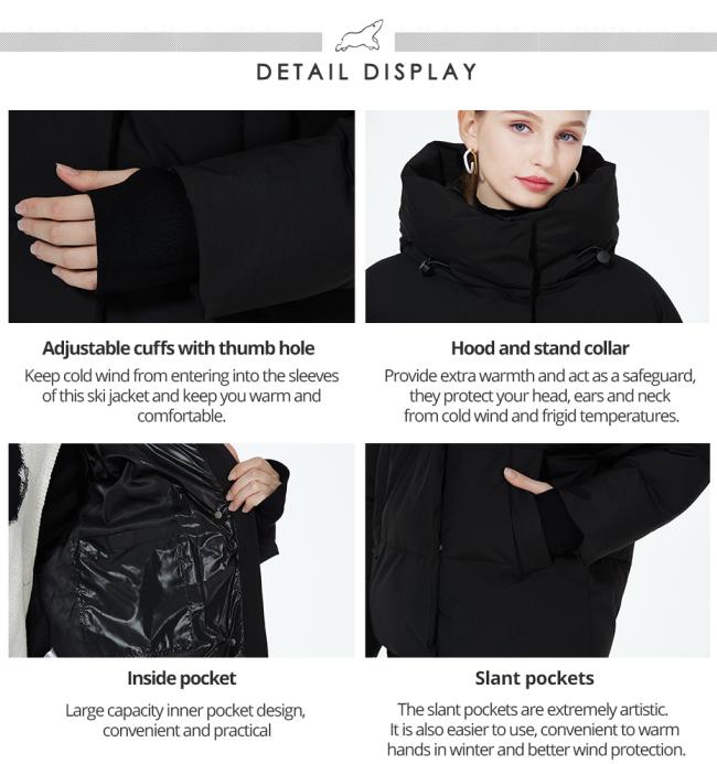 Detailed view of women's winter jacket features