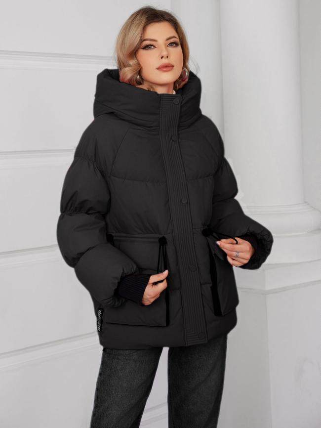 Women's short coat in bright color showing front closure