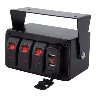 China DC12V 24V 3 Gang Red LED Light Rocker Switch Panel Box With Dual 4.8A USB Charger for sale