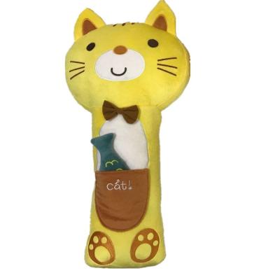 China Cute Yellow Plush Cat W/ Fish in Pocket Cushion Car Pillow Toy for Stress Relief for sale