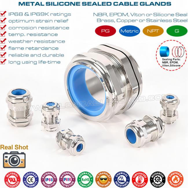 Brass PG Adjustable Cord Glands, Copper IP68 Watertight Cable Glands with Heat Proof Blue Silicone Seals & O-rings Brass PG Adjustable Cord Glands, Copper IP68 Watertight Cable Glands with Heat Proof Blue Silicone Seals & O-rings