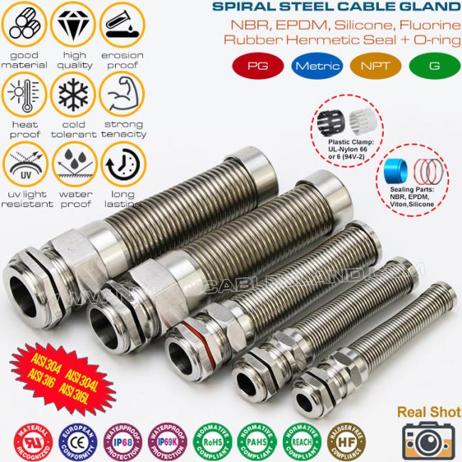 Hermetic IP68 Stainless Steel Metric Cable Glands Type 304/316/316L M12~M50 with Anti-kink and Bend Protection Hermetic IP68 Stainless Steel Metric Cable Glands Type 304/316/316L M12~M50 with Anti-kink and Bend Protection