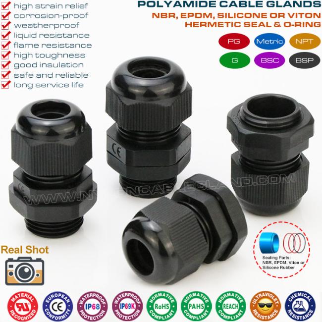 Nylon IP68 Submersible Cable Glands, Plastic Adjustable Cord Grips Waterproof Connectors with BSC & BSP Threads Nylon IP68 Submersible Cable Glands, Plastic Adjustable Cord Grips Waterproof Connectors with BSC & BSP Threads