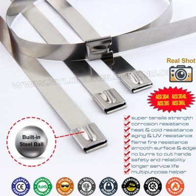 China 7.9mm Width Self-locking Metal Cable Ties, 100-1000mm Length Ball-locking Tie Straps Stainless Steel 304/316/316L for sale