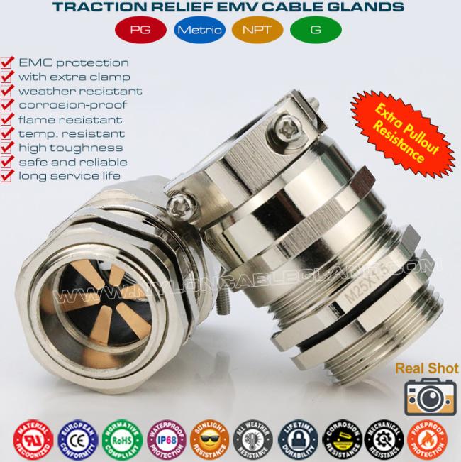 EMC/RFI Cable Glands IP68 Nickel-Plated Brass with Additional Strain Relief Clamp EMC/RFI Cable Glands IP68 Nickel-Plated Brass with Additional Strain Relief Clamp