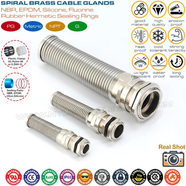 Spiral Cable Glands, IP68, Brass Copper, PG7~PG21 & M12~M30, Protection Anti-flex, Anti-bend, Anti-kink and Anti-twist Spiral Cable Glands, IP68, Brass Copper, PG7~PG21 & M12~M30, Protection Anti-flex, Anti-bend, Anti-kink and Anti-twist