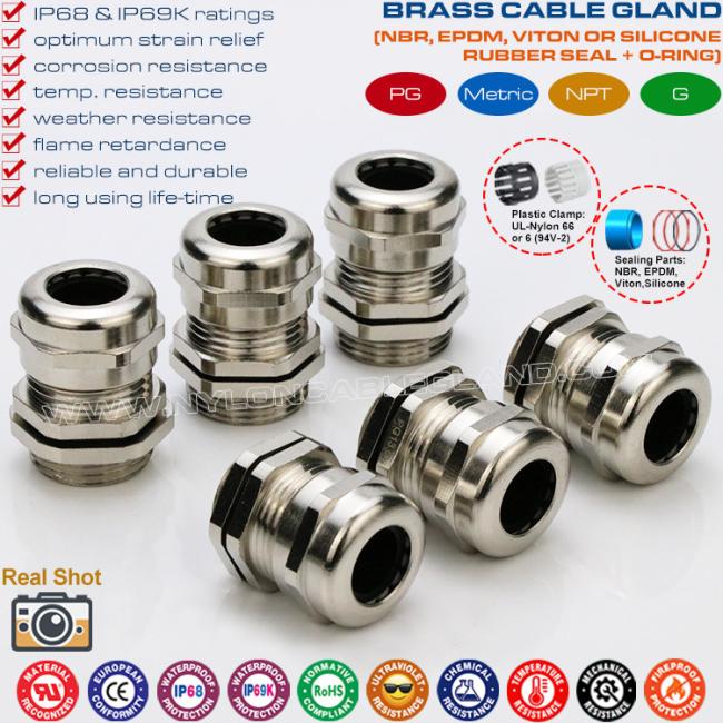 Nickel-Plated Brass M20 Metric Cable Gland, IP68 Adjustable Waterproof Cable Connector for 6-12mm Cable Nickel-Plated Brass M20 Metric Cable Gland, IP68 Adjustable Waterproof Cable Connector for 6-12mm Cable