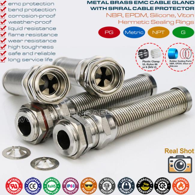 Spiral EMC Metric Cable Gland, IP68 Brass Bend-Resistant M12~M30 Cable Gland with Spiral Tail Spiral EMC Metric Cable Gland, IP68 Brass Bend-Resistant M12~M30 Cable Gland with Spiral Tail
