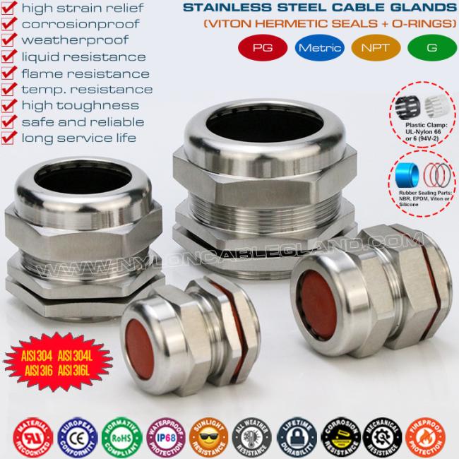IP68 Watertight PG Cable Glands Stainless Steel Inox 304, 316, 316L with Viton Fluororubber Seals & O-rings IP68 Watertight PG Cable Glands Stainless Steel Inox 304, 316, 316L with Viton Fluororubber Seals & O-rings