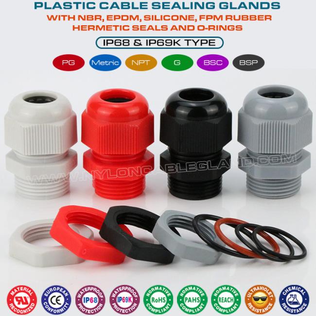 Electrical Cable Gland, Nylon 6, 20mm Metric Thread, M20x1.5, IP68/IP69K, UL94 V-2, para Cable Ø 6-12mm Electrical Cable Gland, Nylon 6, 20mm Metric Thread, M20x1.5, IP68/IP69K, UL94 V-2, para Cable Ø 6-12mm