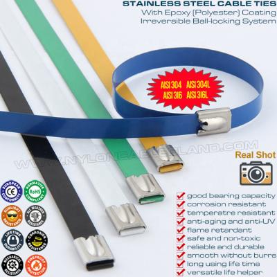 China Ball-lock Polyester Coated Steel Cable Ties, 304, 316 Plastic Coated Stainless Self-locking Zip Ties Metallic Tie Straps for sale