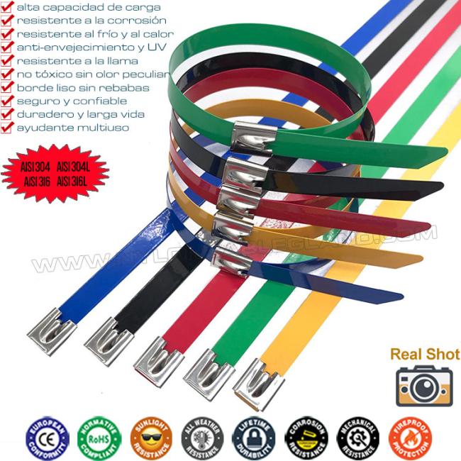 Colored PVC Coated 304 Stainless Steel Cable Tie 12x300mm, Plastic Coated 316 Stainless Steel Wire Ties 490lbs for Pipes