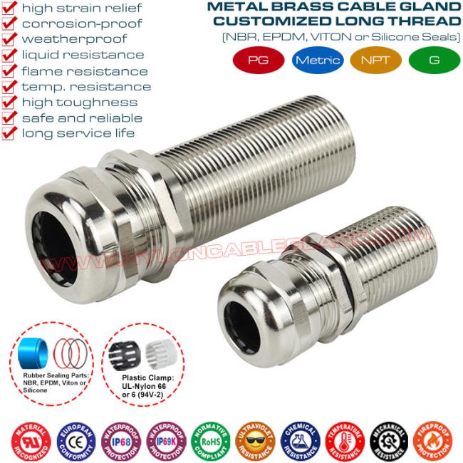 Elongated Thread Cable Gland, IP68/IP69K Metal Brass Cable Glands with Extended Thread PG7~PG48 & M12~M64 for Thick Panel