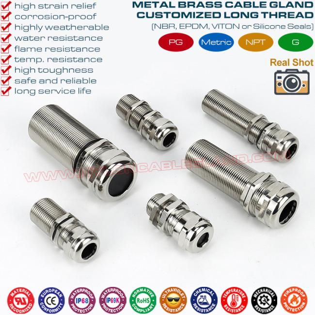IP68 Extralong Cable Gland, IP69K Metal Brass Superlong Cable Glands (Cord Grip Connectors) PG7~PG48 & M12~M64 for Thick Panel