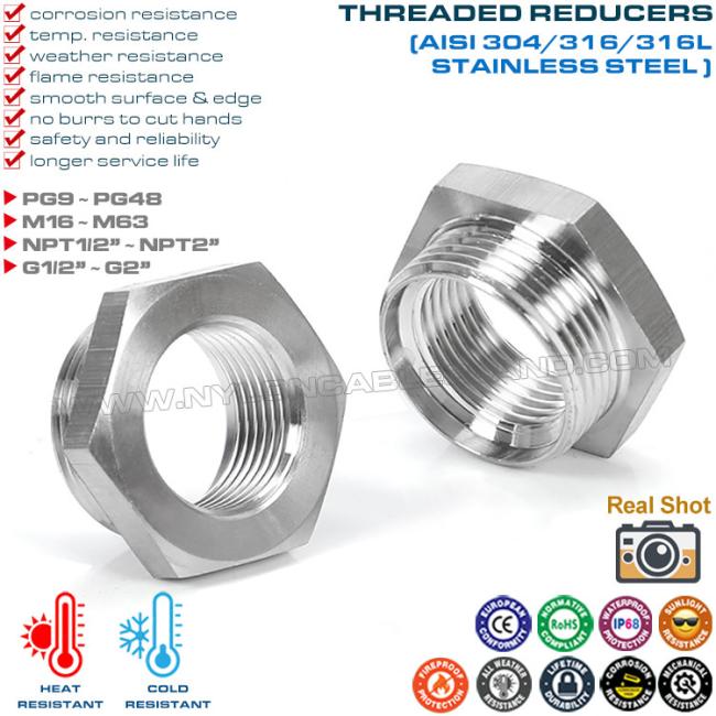 Stainless Steel Thread Reducers (Metric to Metric Thread, PG to PG Thread, NPT to NPT Thread, G to G Thread)