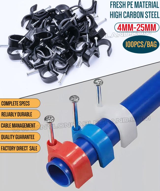 C-Shaped Plastic Round Circle Cable Clips (Wire Clips or Cord Clips) with Fixing Nails for Ã2.5mm~50mm Diameter Cables