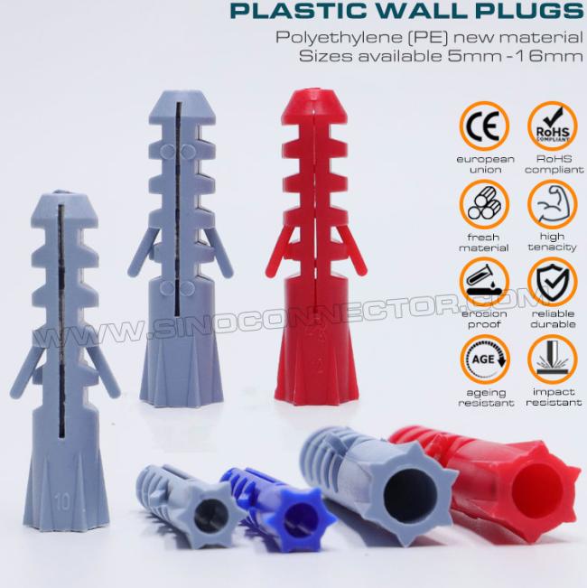 Plastic Screw Anchors (Wall Plugs, Expansion Plugs) Gray, Red or Blue Ø10 x 50mm 100pcs with Ø6~8mm Self-Tapping Screws for Wall Cabinets