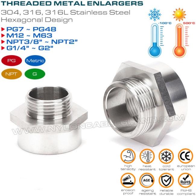 Hexagonal or Round Enlargers Stainless Steel 304, 316, 316L Male Thread x Female Thread PG7~PG48, M12~M63, NPT3/8~NPT2 and G1/4~G2