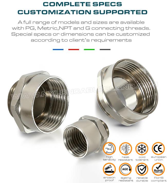 Thread Enlargers (Thread Convertors, Thread Adaptors) Stainless Steel or Nickel-plated Brass with Threads PG7~PG48, M12~M63, NPT3/8~NPT2 and G1/4~G2