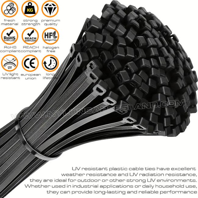 UV Resistant Cable Tie Black Nylon 6.6 Plastic Cable Tie Strap 200mm x 4.8 (22kgs, 50lbs, 222N) for high UV environments