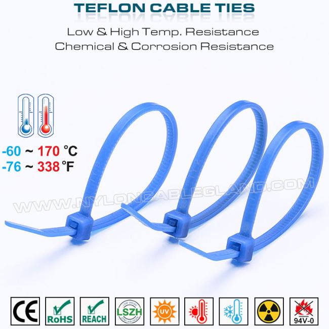 Teflon Blue Cable Tie 3.6x200mm, 94V-0 ETFE Cable Tie Chemical Resistant Cable Tie for Extreme Environments