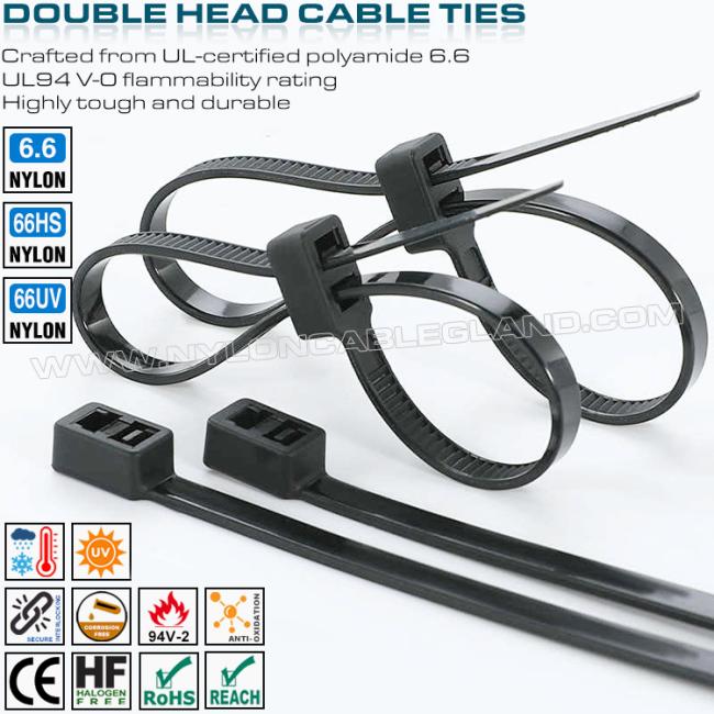 Double-loop Cable Tie With Double-hole Head 300x4.8mm, Nylon (Polyamide) 6.6, 50 lbs Tensile Strength, Versatile Use