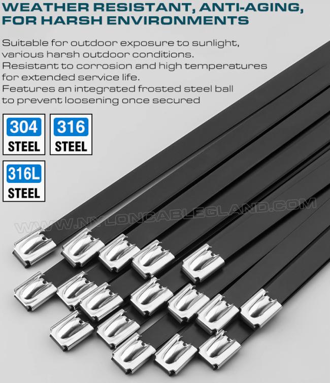 Plastic Coated Metal Cable Ties, Stainless Steel Type 304, 316 or 316L, Length 200~1100mm x Width 16mm, 200 Lbs, Outdoor Use