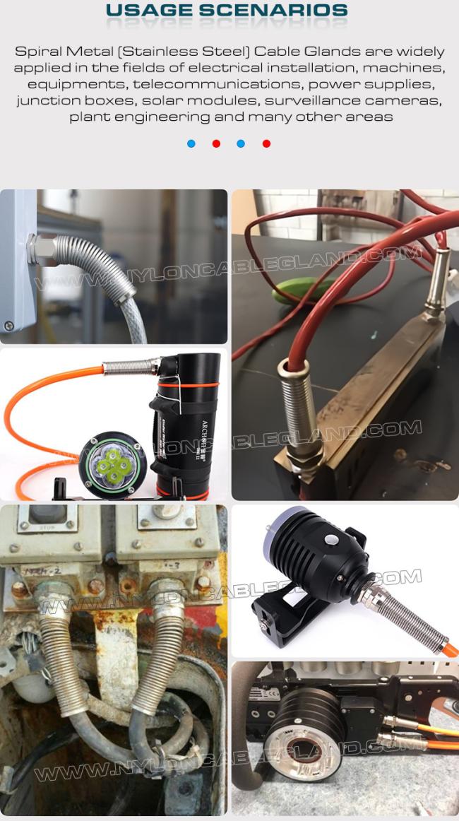 Application scenarios of metal (copper, brass or stainless steel) flexible cable glands with spiral guard Application scenarios of metal (copper, brass or stainless steel) flexible cable glands with spiral guard