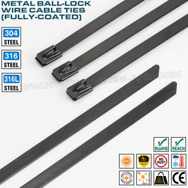 Stainless Steel Metal Cable Zip Tie Straps with Full Epoxy or Nylon 11 Coating, Version 304, 316 or 316L, Width 7.9mm x Length 300-1000mm, For Energy Industry