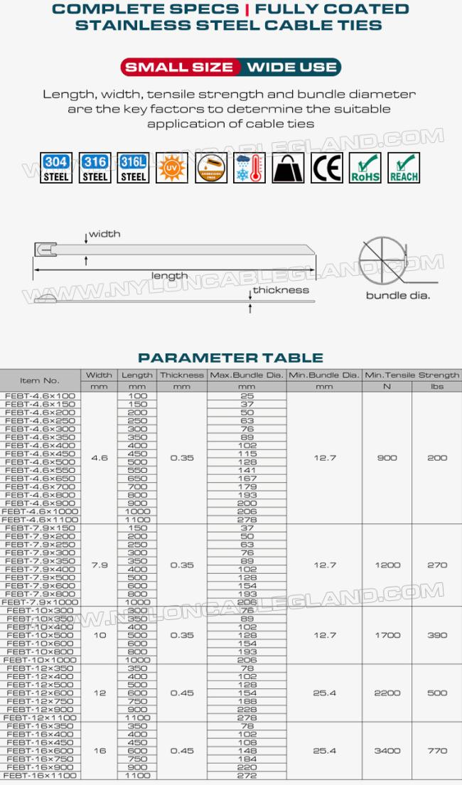Specifications of fully-coated stainless steel cable ties metal zip tie wraps