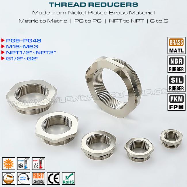 Nickel-Plated Brass Metal Thread Reducers / Reducing Rings (Metric to Metric Thread, PG to PG Thread, NPT to NPT Thread, G to G Thread)