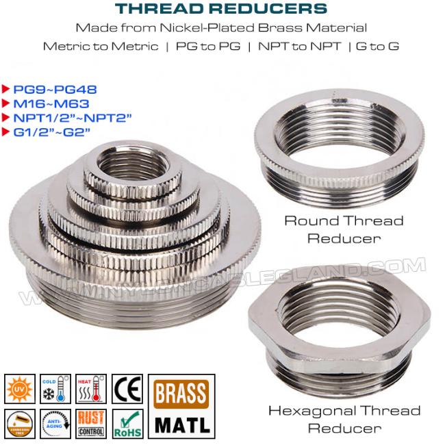 Round Metal Reducers or Reduction Rings (Metric to Metric Thread, PG to PG Thread, NPT to NPT Thread, G to G Thread)