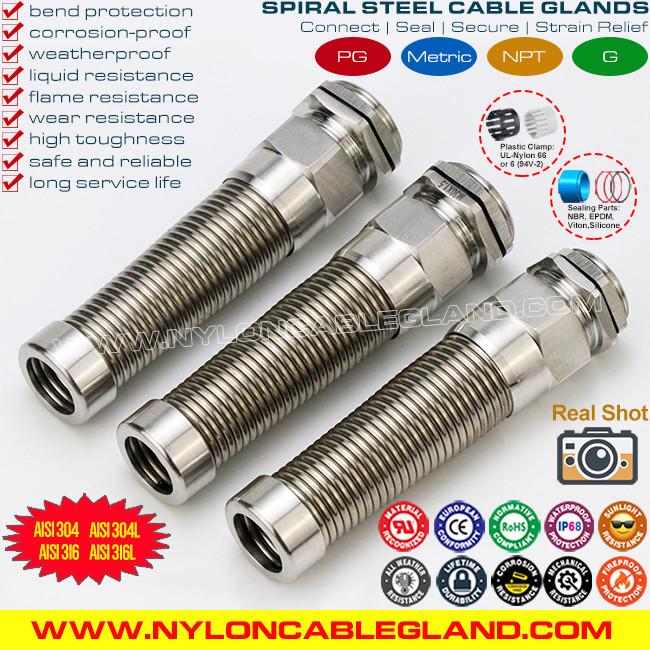 SS316L, SS316, SS304 Stainless Steel Metal Spiral Cable Gland IP68 with Bend Protector SS316L, SS316, SS304 Stainless Steel Metal Spiral Cable Gland IP68 with Bend Protector