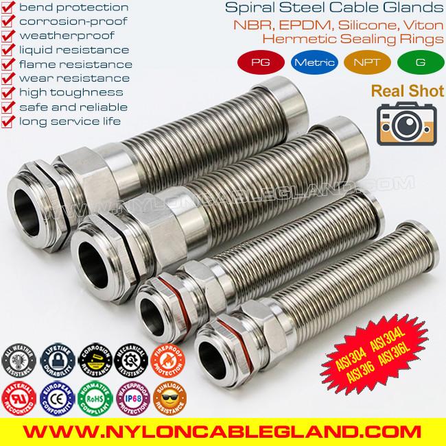 AISI316L, AISI316, AISI304 Stainless Steel Metal PG Flexible Cable Gland (IP68) with Additional Spiral Strain Relief AISI316L, AISI316, AISI304 Stainless Steel Metal PG Flexible Cable Gland (IP68) with Additional Spiral Strain Relief