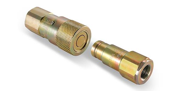 Photograph of CB-SP-6FN-QA flat-face hydraulic quick coupler set, including zinc-plated female and male connectors with sleeve-locking safety feature