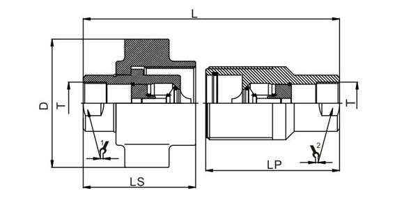 Dimensional CAD drawing of CB‑SPS‑3FN‑BE threaded coupling male and female halves
