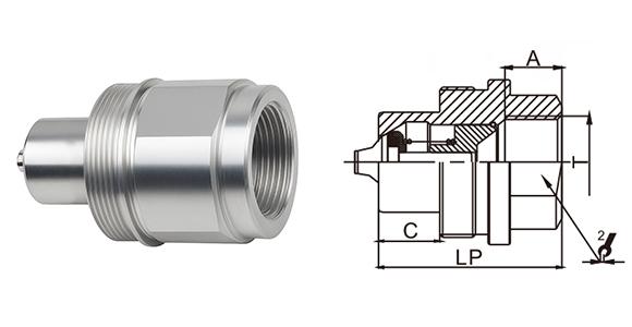 Close-up of CB-SPS-3FN-BA male hydraulic coupler with precision-machined straight threads and impulse-resistant dry-break valve core, designed for 10,000 PSI service.