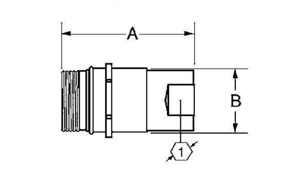 Dimensional CAD drawing of CB-SPS-3FN-FD86 male coupler, showing threaded connection, hex nut size, and overall length.