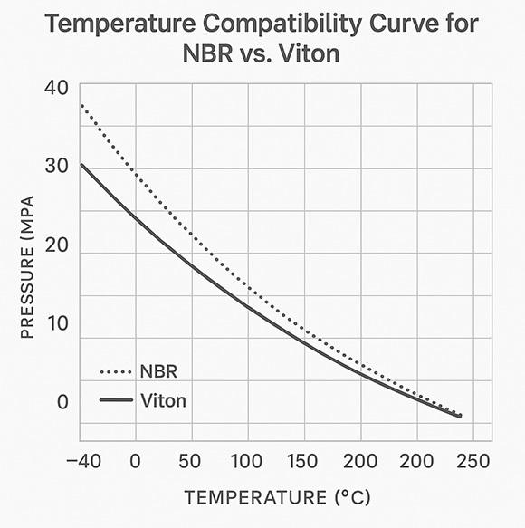 Comparative performance graph showing NBR and Viton seals across temperature range under 20000 PSI conditions.