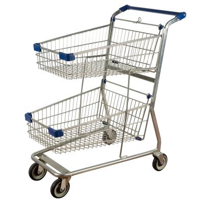 China Public Service Shopping Basket Trolley Metal Double Basket Shopping Cart Galvanized Printed Logo for sale