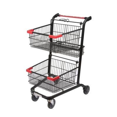 China Double Layer Baskets Supermarket Trolley Cart Grocery Store Lightweight Shopping Trolley for sale