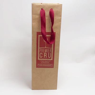 China Ribbon Handle Kraft Paper Bag Red Wine Bottle Gift Bags 0.30mm Thickness for sale