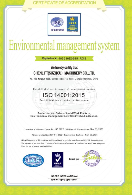 ISO 14001:2015 - CHENLIFT (SUZHOU) MACHINERY CO LTD