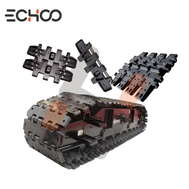 Hitachi crawler crane track shoe close-up showing forged steel construction and bolt pattern