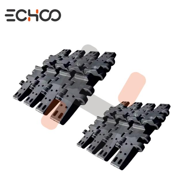 Detailed view of track shoe tread pattern and reinforcing ribs