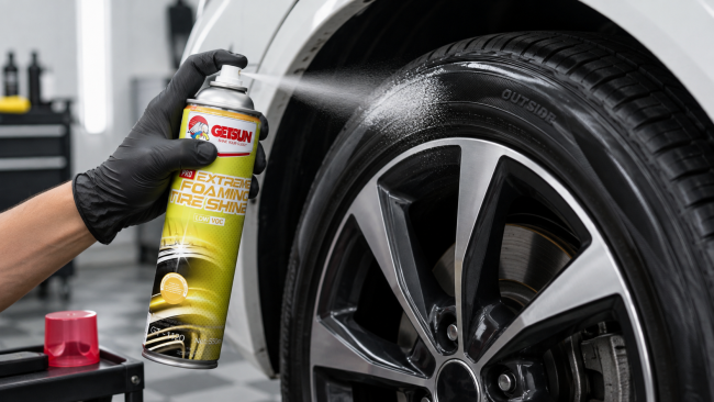 Applying GETSUN tire shine foam evenly to a clean black tire sidewall