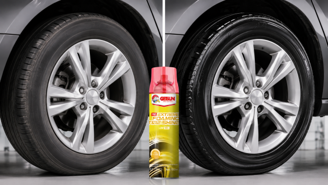 Dull tire beside a wet-gloss tire treated with GETSUN tire shine